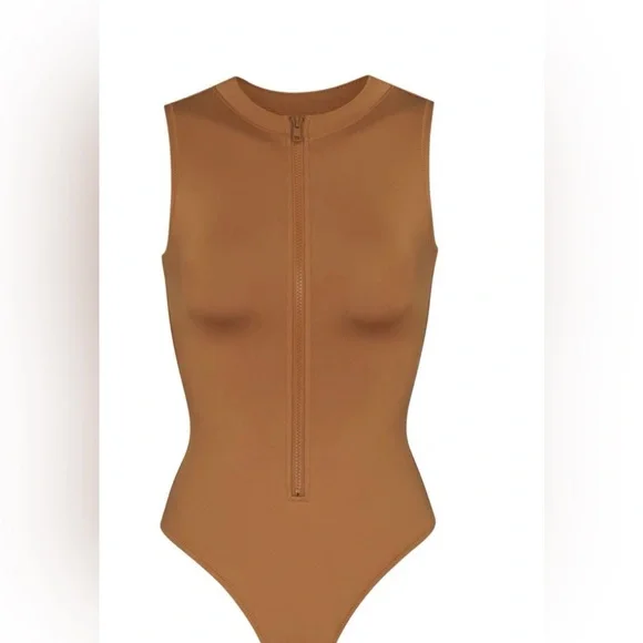 NWT SKIMS almond- High Neck One Piece Swimsuit with Sleek Zip Front - Picture 2 of 9
